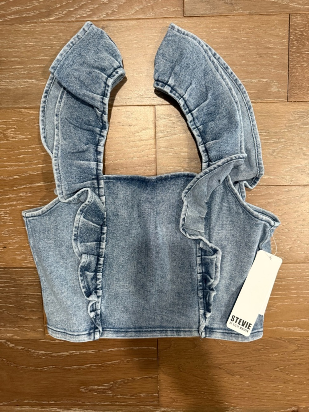 Steve Madden Light Wash Denim Ruffle Crop Top Zipper Back